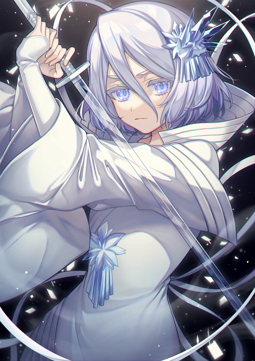 1girl arms_up bangs bleach blue_eyes closed_mouth commentary_request dress eyebrows_behind_hair hair_between_eyes hair_ornament holding holding_sword holding_weapon ice karokuchitose katana kuchiki_rukia long_sleeves looking_at_viewer silver_hair sleeves_past_wrists solo sword transparent weapon white_dress wide_sleeves