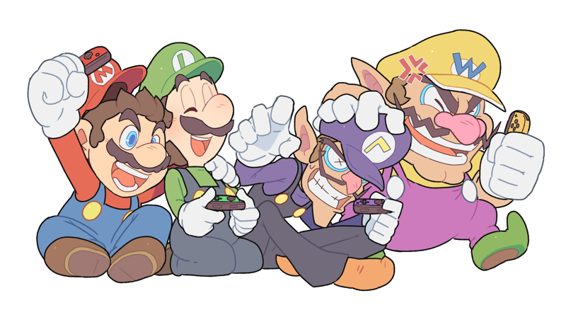 2021 4boys anger_vein blue_eyes brown_hair closed_eyes facial_hair fist fist_pump gloves hand_on_another's_head hat kneeling legs_crossed luigi mario super_mario_bros. multiple_boys mustache nintendo nintendo_switch open_mouth overalls playing_games shoes short_hair sitting smile super_mario_bros. waluigi wario white_background x_x