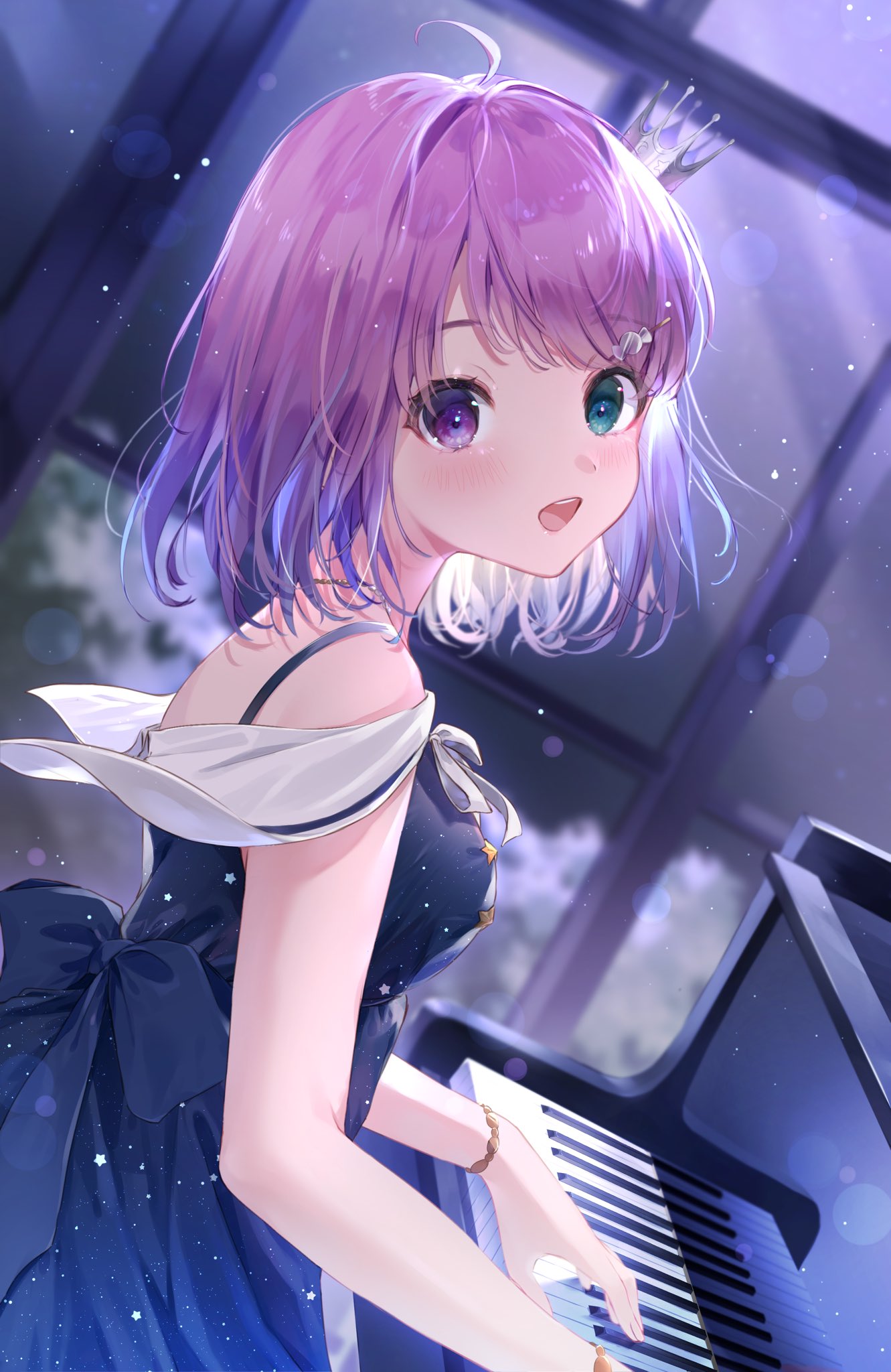 1girl aqua_eyes bangs dutch_angle harui_(hr_x9_) heterochromia highres himemori_luna hololive instrument jewelry looking_at_viewer medium_hair music necklace open_mouth piano pink_hair playing_instrument playing_piano violet_eyes virtual_youtuber