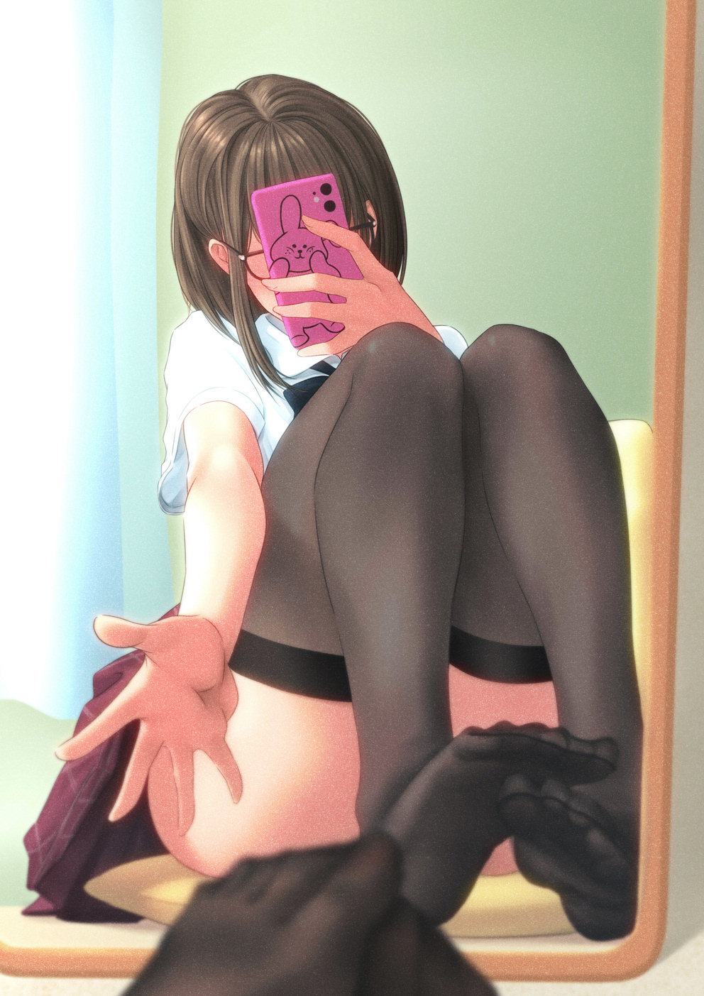 1girl animal_print ass black_skirt brown_hair bunny_print cellphone commentary_request covering_face feet glasses highres holding holding_phone mirror no_shoes original pantyhose phone pleated_skirt school_uniform shirt short_sleeves sitting skirt smartphone thigh-highs white_shirt yamauchi_(conan-comy)