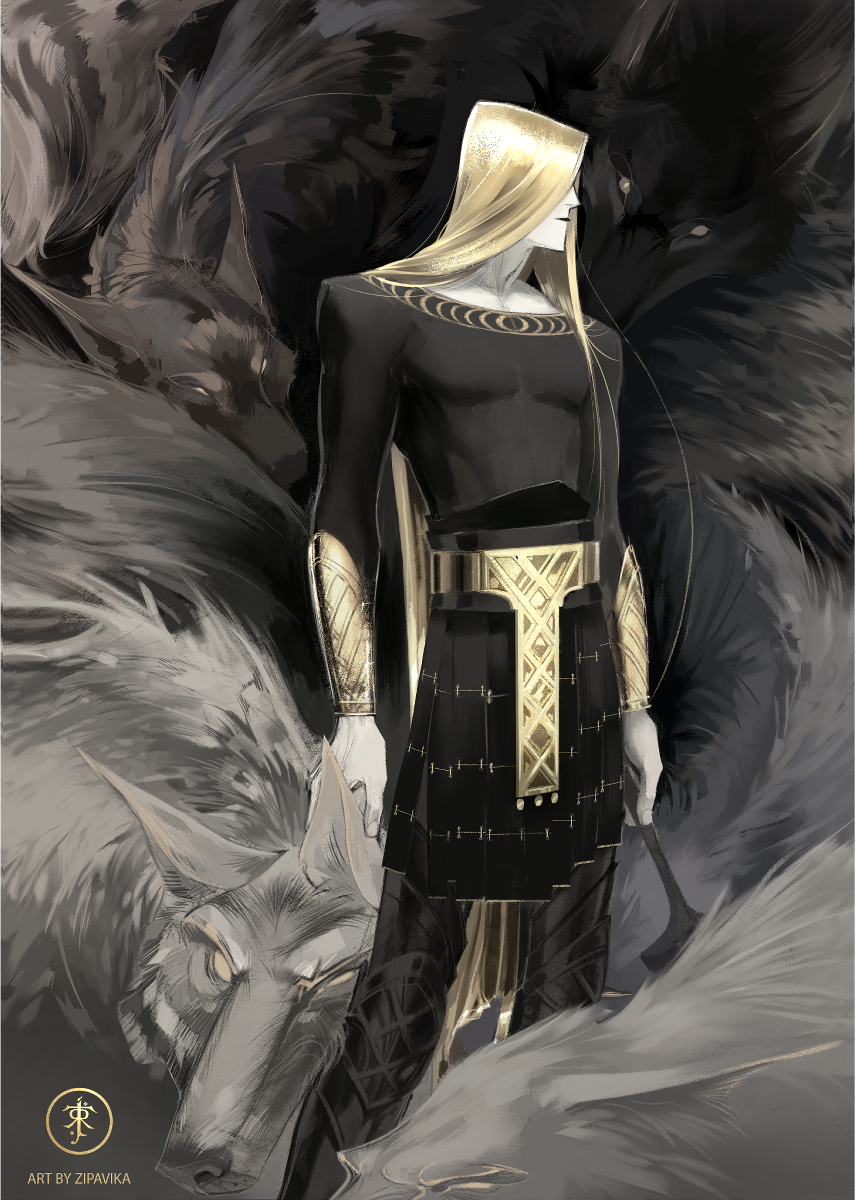 1boy annatar artist_name belt black_shirt blonde_hair bodystocking bracer closed_mouth colored_skin contrapposto fingernails gold hammer highres holding holding_hammer kilt legendarium long_hair long_sleeves male_focus metal_boots profile sauron shirt solo standing the_silmarillion very_long_hair white_skin wolf zipavika