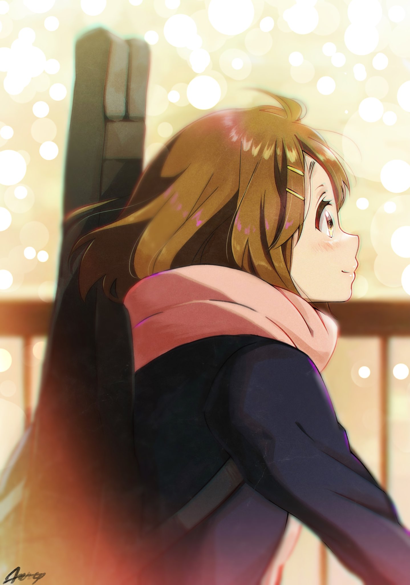 1girl bangs blue_jacket blurry blush bokeh brown_eyes brown_hair closed_mouth commentary_request depth_of_field from_side guitar_case hair_ornament hairclip highres hirasawa_yui instrument_case jacket k-on! lens_flare long_sleeves looking_afar outdoors pink_scarf scarf shiny shiny_hair short_hair signature smile solo upper_body verse