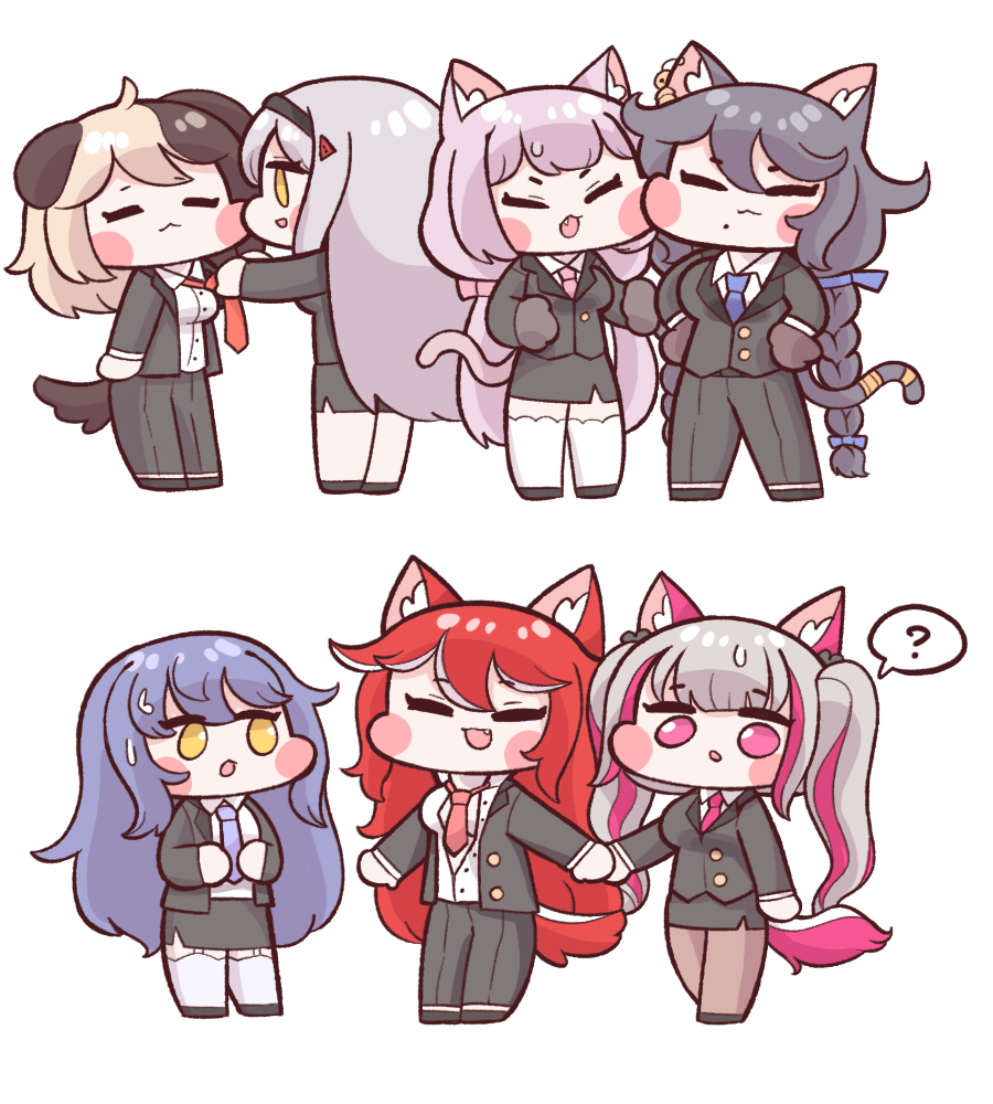 6+girls :3 =_= ? adjusting_clothes adjusting_necktie animal_ear_fluff animal_ears bangs black_lilith blonde_hair blush_stickers braid brown_hair bulga cat_ears cat_girl cat_tail chibi cs_perrault dog_ears dog_girl dog_tail eternity_(last_origin) fang fenrir_(last_origin) formal full_body garter_straps hachiko_of_castling holding_hands last_origin long_hair mole mole_under_mouth multicolored_hair multiple_girls necktie open_clothes open_mouth open_shirt pant_suit pantyhose pencil_skirt pink_eyes pink_hair poi_(last_origin) redhead side_slit silver_hair simple_background skirt skirt_suit snow_feather suit sweatdrop tail thigh-highs twin_braids twintails two-tone_hair white_background white_legwear wolf_ears wolf_girl yellow_eyes