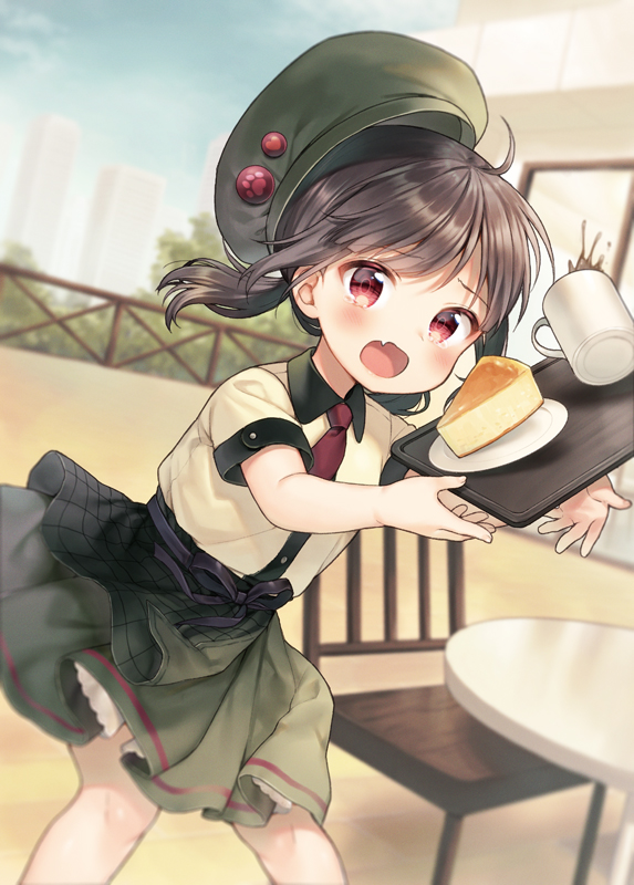 1girl apron bangs beret black_hair black_ribbon blurry blurry_background chair coffee collared_shirt commentary_request cup day depth_of_field dress_shirt eyebrows_visible_through_hair fang green_apron green_headwear green_skirt hat hat_removed headwear_removed long_hair looking_at_viewer midorikawa_you mug necktie open_mouth original outdoors plate pleated_skirt red_eyes red_neckwear ribbon shirt short_necktie short_sleeves skirt solo spilling table tray twintails waitress white_shirt