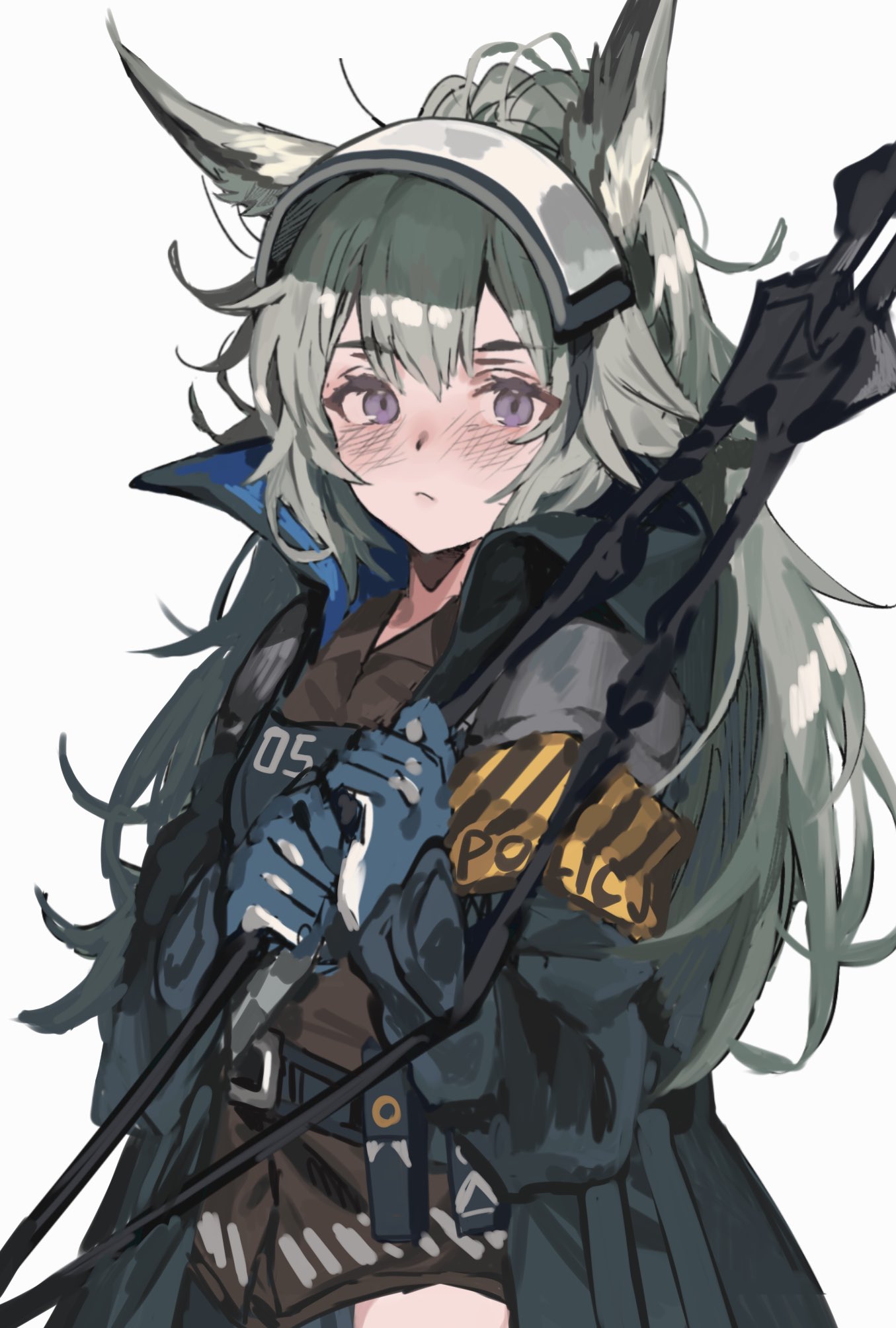 1girl :&lt; animal_ears aogisa arknights armband blue_gloves gloves grani_(arknights) grey_hair highres hip_vent holding holding_weapon horse_ears jacket long_hair looking_at_viewer simple_background solo upper_body violet_eyes visor_cap weapon white_background