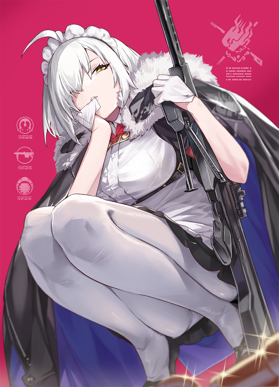 1girl ahoge alternate_costume apron bangs biting breasts cape commentary_request enmaided fate/grand_order fate_(series) fur_trim glove_biting gloves gun high_heels highres jeanne_d'arc_(alter)_(fate) jeanne_d'arc_(fate) jeanne_d'arc_(fate)_(all) large_breasts legs maid maid_apron maid_headdress ohland panties panties_under_pantyhose pantyhose rifle short_hair silver_hair sniper_rifle squatting underwear waist_apron weapon white_apron white_legwear white_panties yellow_eyes