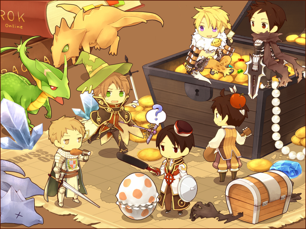 6+boys ? acidus_(ragnarok_online) ancient_mimic animal_print armor armored_boots assassin_cross_(ragnarok_online) bangs belt biretta black_cape black_coat black_footwear black_gloves black_pants black_shirt blonde_hair book boots brown_belt brown_capelet brown_eyes brown_footwear brown_gloves brown_hair brown_pants brown_vest cape capelet chain chainmail chibi chicken_(food) chicken_leg closed_mouth coat coin commentary_request copyright_name cross cross_necklace crystal dagger dragon eating egg emblem endo_mame ferus_(ragnarok_online) fingerless_gloves food full_body fur_collar gauntlets gem gloves green_cape green_eyes hair_between_eyes high_priest_(ragnarok_online) holding holding_dagger holding_instrument holding_staff holding_sword holding_weapon instrument jamadhar jewelry knife knight_(ragnarok_online) layered_clothing leopard_print long_sleeves looking_at_viewer lute_(instrument) male_focus map mimic mimic_chest minstrel_(ragnarok_online) multiple_boys necklace open_mouth pantaloons pants pauldrons pearl_necklace ragnarok_online red_eyes red_scarf red_shirt scarf shadow_chaser_(ragnarok_online) shirt shoes short_hair shoulder_armor shrug_(clothing) smile spoken_question_mark staff sword tabard torn_cape torn_clothes torn_scarf treasure_chest vest violet_eyes waist_cape weapon white_cape white_coat white_shirt wizard_(ragnarok_online)