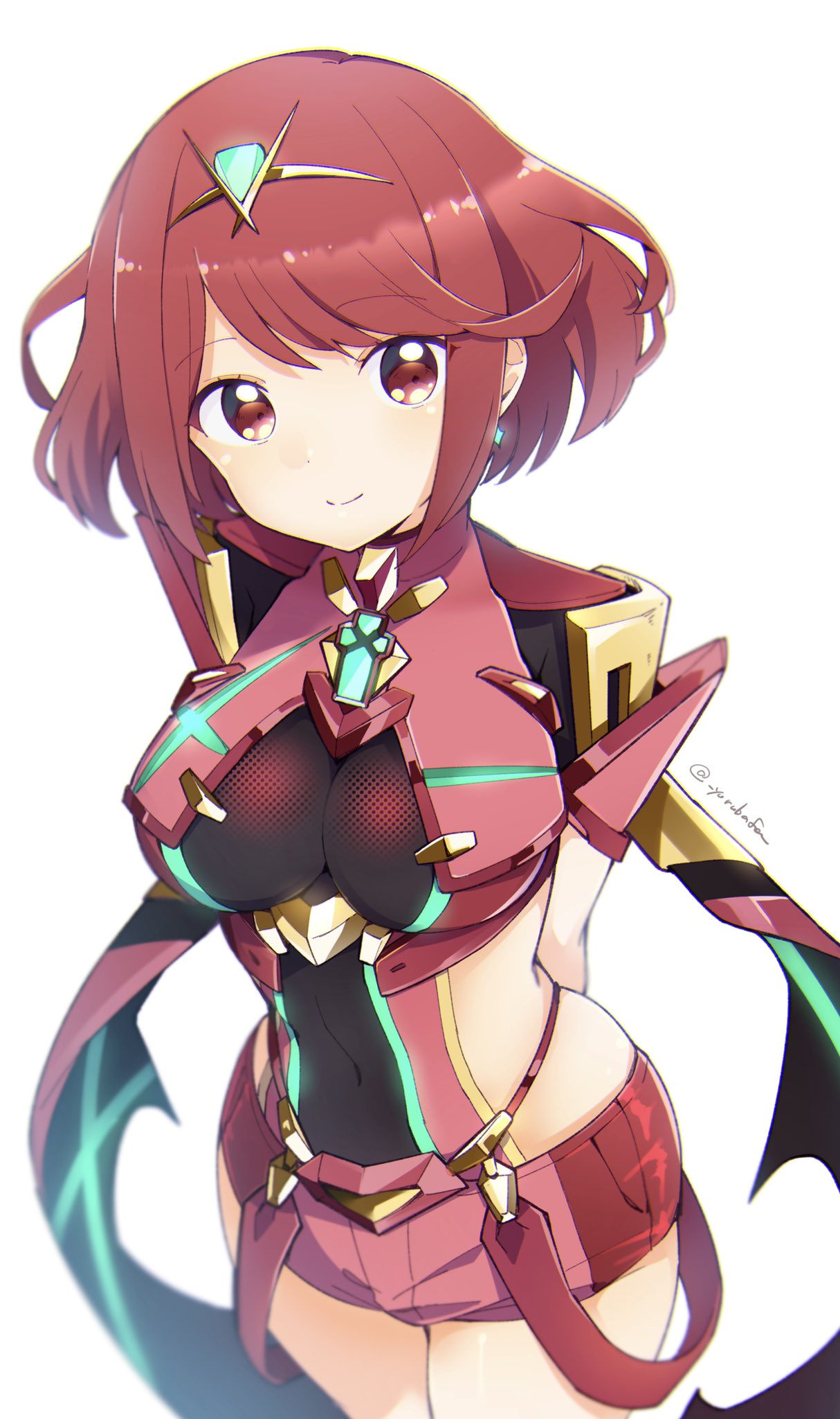 1girl bafarin bangs black_gloves breasts chest_jewel earrings fingerless_gloves gloves highres jewelry large_breasts pyra_(xenoblade) red_eyes red_legwear red_shorts redhead short_hair short_shorts shorts swept_bangs thigh-highs tiara xenoblade_chronicles_(series) xenoblade_chronicles_2