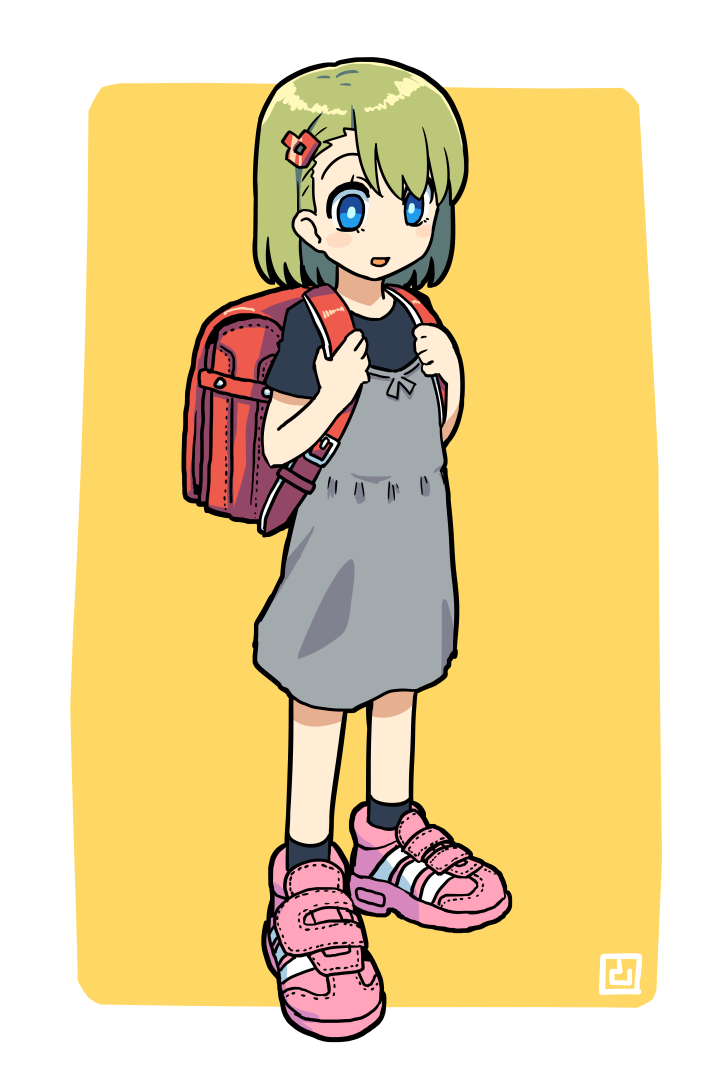 1girl backpack bag bangs black_shirt black_socks blue_eyes commentary_request dress green_hair grey_dress long_hair muu_(mumumer) original pink_footwear randoseru shirt shoes short_sleeves sleeveless sleeveless_dress socks solo two-tone_background white_background yellow_background yunomiya_agari