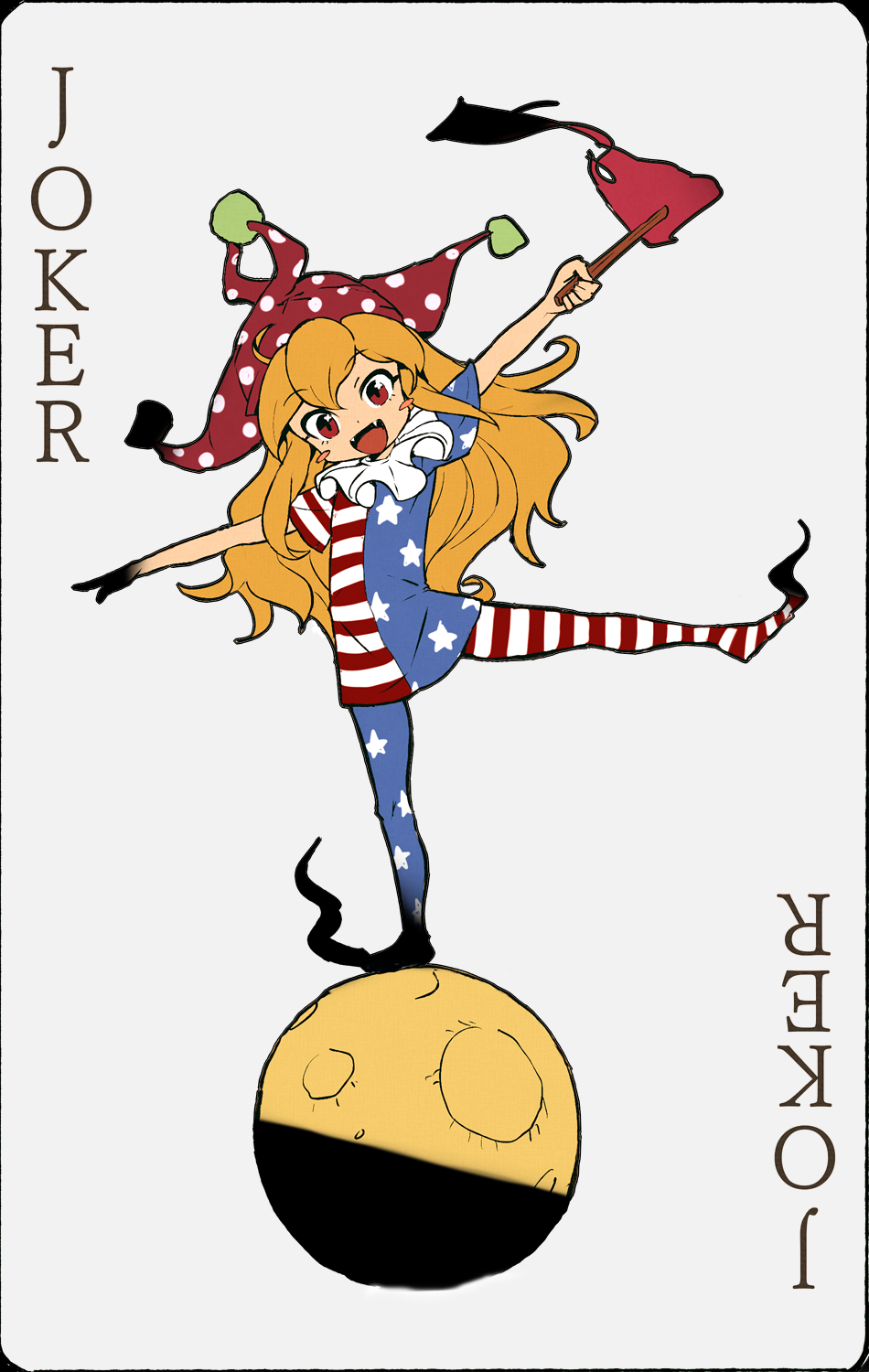 1girl american_flag_dress american_flag_legwear blonde_hair blush_stickers card clownpiece dress fangs fire grey_background hat head_tilt highres holding jester_cap joker_(card) long_hair looking_at_viewer moon neck_ruff no_wings open_mouth outstretched_arms pantyhose playing_card polka_dot ranka_(tonbo) red_eyes red_headwear short_sleeves simple_background smile solo standing standing_on_one_leg star_(symbol) star_print striped torch touhou very_long_hair