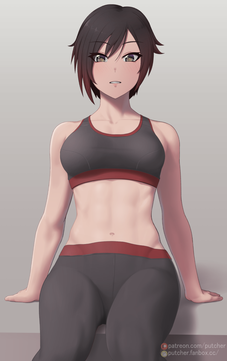 1girl arm_support bangs bra breasts brown_eyes brown_hair collarbone eyebrows_visible_through_hair gradient_hair grey_background grey_bra grey_pants hair_between_eyes highres leaning_back looking_at_viewer medium_breasts midriff multicolored_hair navel pants putcher ruby_rose rwby short_hair solo sports_bra stomach underwear watermark web_address