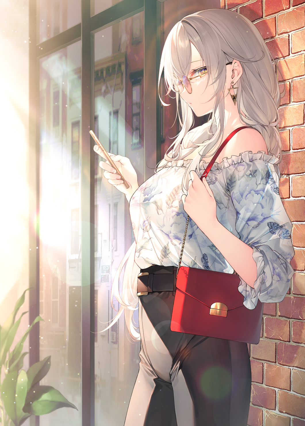 1girl bag bangs black_pants breasts brick_wall commentary_request copyright_request day earrings floral_print highres holding holding_phone holding_strap jewelry long_hair looking_at_viewer off-shoulder_shirt off_shoulder original outdoors pants phone shirt shoulder_bag sideways_glance silver_hair solo sunglasses toosaka_asagi very_long_hair yellow_eyes