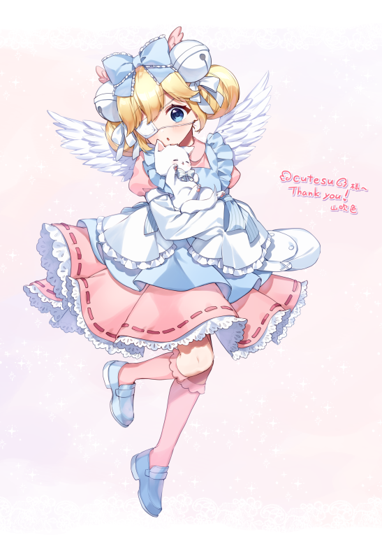 1girl animal apron bangs bell blonde_hair blue_apron blue_eyes blue_footwear blush cat collared_dress commission cutesu_(cutesuu) double_bun dress eyebrows_visible_through_hair eyepatch feathered_wings frilled_apron frilled_sleeves frills full_body hair_bell hair_ornament jingle_bell kneehighs layered_sleeves loafers long_sleeves medical_eyepatch original parted_lips pink_dress pink_lips puffy_short_sleeves puffy_sleeves shoes short_over_long_sleeves short_sleeves skeb_commission sleeves_past_fingers sleeves_past_wrists solo white_cat white_wings wide_sleeves wings yamabukiiro