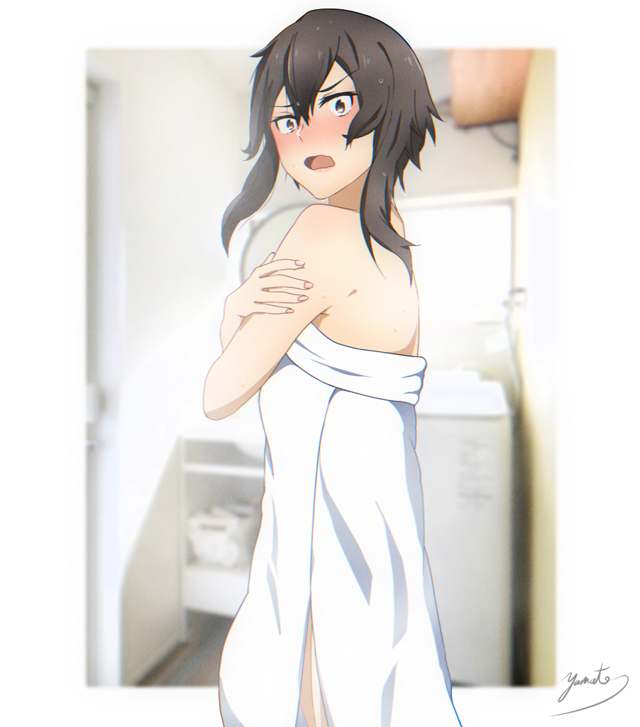 1girl asada_shino bangs blurry blurry_background blush brown_eyes brown_hair cowboy_shot embarrassed from_side hair_between_eyes long_hair naked_towel open_mouth shiny shiny_hair signature solo standing sword_art_online towel wavy_mouth wet wet_hair white_towel yaato_(yamato99725444)