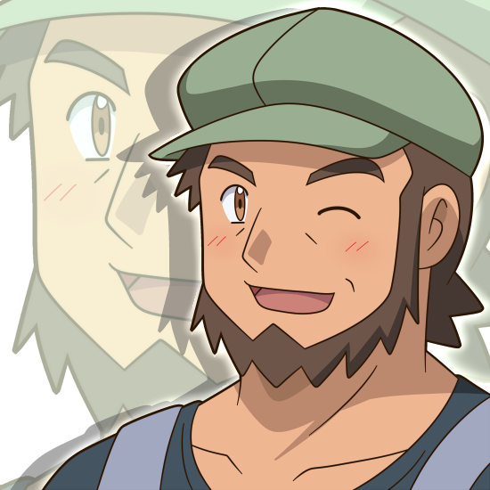 1boy ;d blush brown_eyes brown_hair collarbone commentary_request green_headwear hat looking_at_viewer male_focus meyer_(pokemon) one_eye_closed open_mouth pokemon pokemon_(anime) pokemon_xy_(anime) shigure_(ojshigu) shirt short_hair smile suspenders tongue upper_body zoom_layer