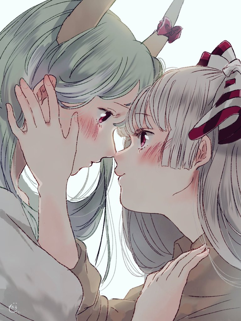 2girls bangs blush bow collared_shirt ex-keine eyebrows_visible_through_hair fujiwara_no_mokou green_hair hair_strand hands_on_another's_face height_difference hime_cut horn_bow horn_ornament horn_ribbon horns imminent_kiss kamishirasawa_keine lips looking_at_another mokoiscat multiple_girls noses_touching puffy_short_sleeves puffy_sleeves red_eyes ribbon shirt short_sleeves sidelocks silver_hair smile white_background yuri