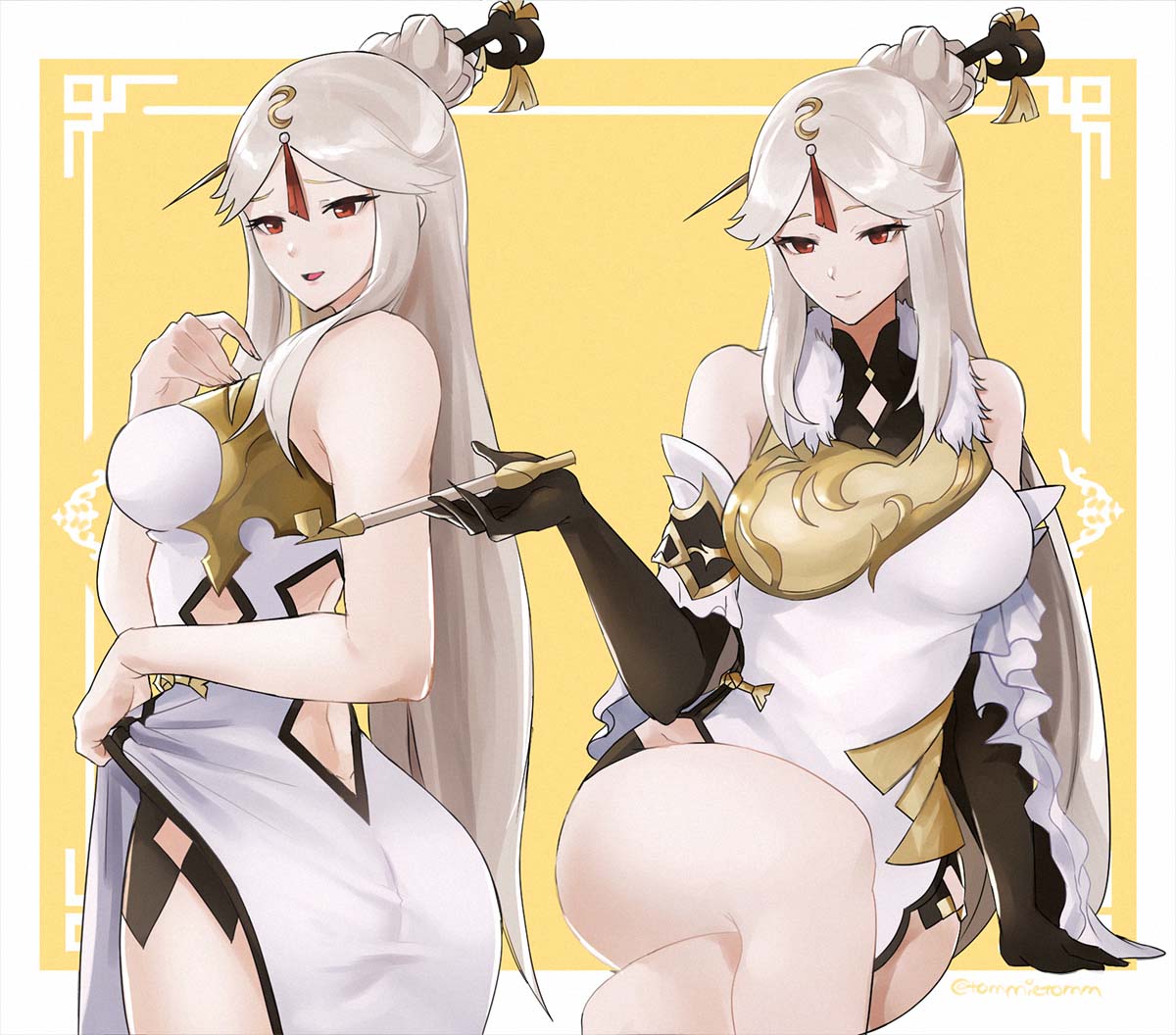 1girl bangs bare_shoulders breasts china_dress chinese_clothes crossed_legs dress genshin_impact hair_ornament hair_stick holding holding_pipe large_breasts long_hair ningguang_(genshin_impact) parted_bangs pipe sitting tommy_(kingdukeee)