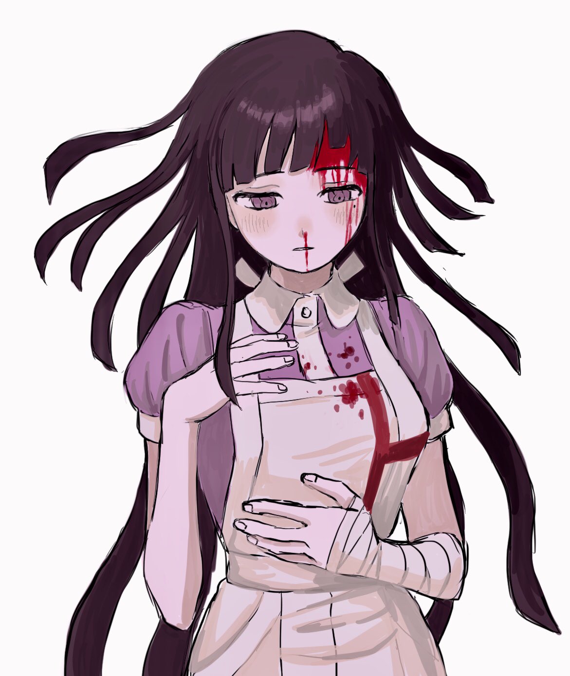 1girl apron bandaged_arm bandages bangs bare_arms black_hair blood blood_on_face bloody_clothes blunt_bangs blush dangan_ronpa_(series) dangan_ronpa_2:_goodbye_despair dress grey_apron grey_background highres long_hair mole mole_under_eye nosebleed nurse parted_lips pink_shirt puffy_short_sleeves puffy_sleeves renshu_usodayo shirt short_sleeves simple_background solo tsumiki_mikan upper_body