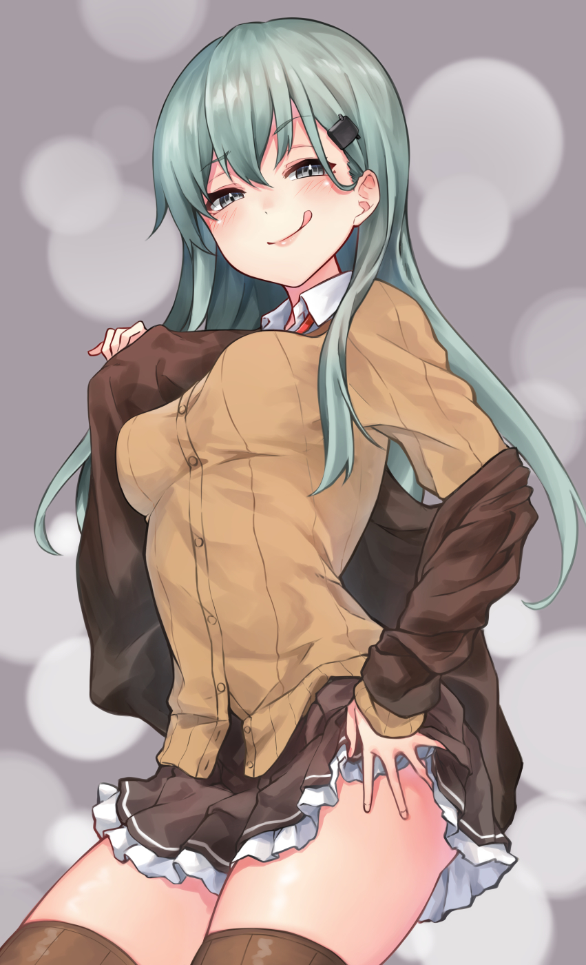 1girl aqua_eyes aqua_hair ascot blush breasts brown_jacket brown_legwear brown_skirt cardigan commentary_request cowboy_shot hair_ornament hairclip highres jacket kamidanomi kantai_collection large_breasts loafers long_hair pleated_skirt school_uniform seductive_smile shoes skirt smile suzuya_(kancolle) thigh-highs tongue tongue_out
