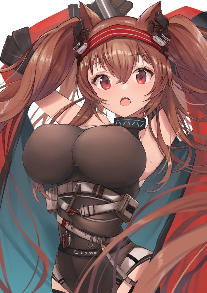1girl angelina_(arknights) angelina_(distinguished_visitor)_(arknights) animal_ears arknights armpits arms_up bangs bare_shoulders belt black_leotard breasts brown_hair commentary_request fox_ears hair_between_eyes hairband large_breasts leotard long_hair looking_at_viewer official_alternate_costume open_mouth red_eyes red_hairband simple_background solo taut_clothes twintails upper_body very_long_hair white_background yuzuruka_(bougainvillea)