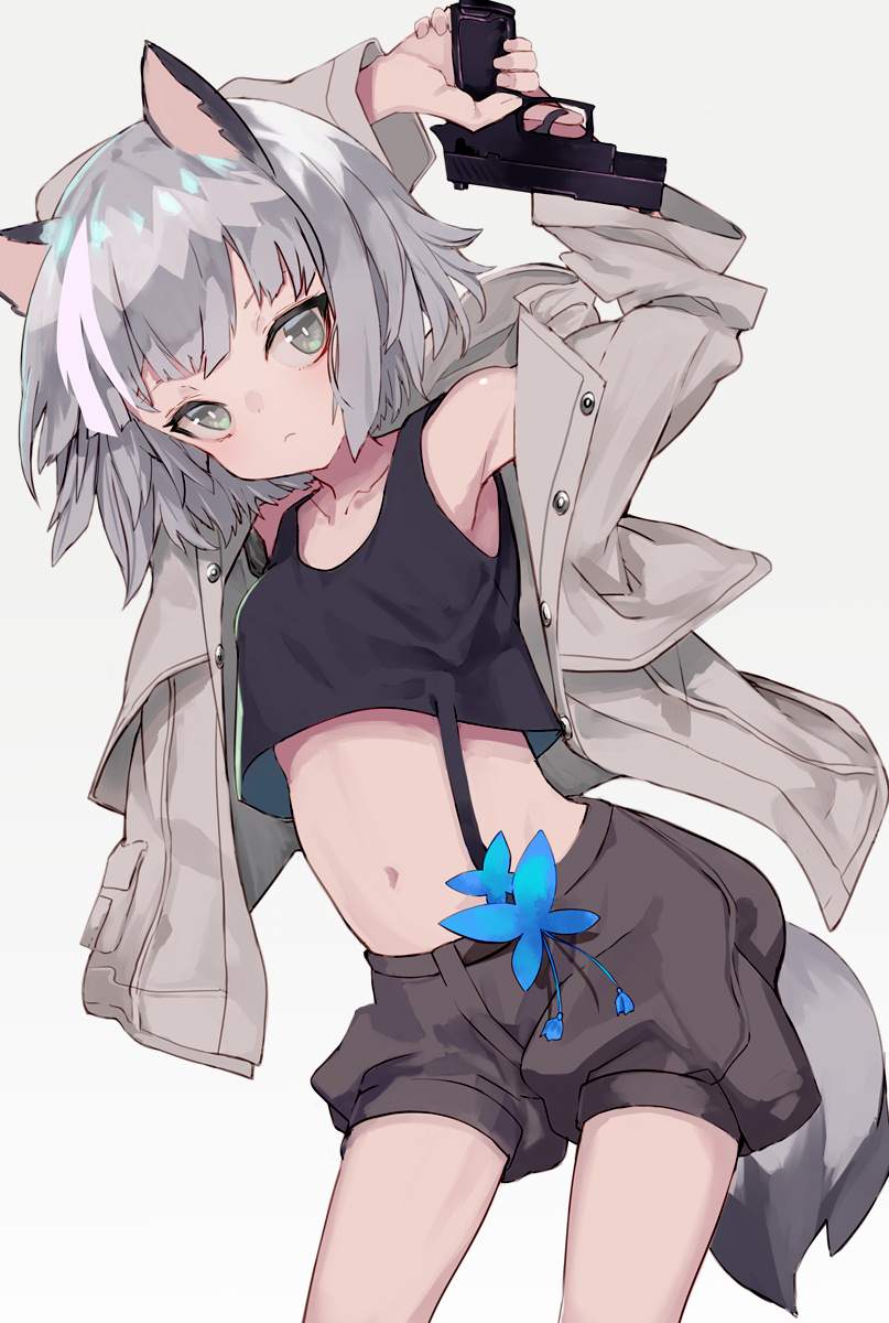 1girl animal_ears arms_up bangs bare_shoulders black_shorts black_tank_top blue_flower closed_mouth collarbone commentary_request crop_top flower grey_background grey_eyes grey_hair grey_jacket gun handgun highres holding holding_gun holding_weapon jacket long_sleeves looking_at_viewer midriff navel open_clothes open_jacket original pistol puffy_shorts shiromiso short_hair short_shorts shorts simple_background solo tail tank_top weapon weapon_request wide_sleeves