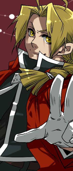 1boy ahoge bangs belt black_shirt blonde_hair braid braided_ponytail brown_belt closed_mouth coat commentary_request edward_elric fullmetal_alchemist gloves long_hair looking_at_viewer male_focus parted_bangs ponytail red_background red_coat sezaki_takumi shirt simple_background smile solo upper_body white_gloves yellow_eyes