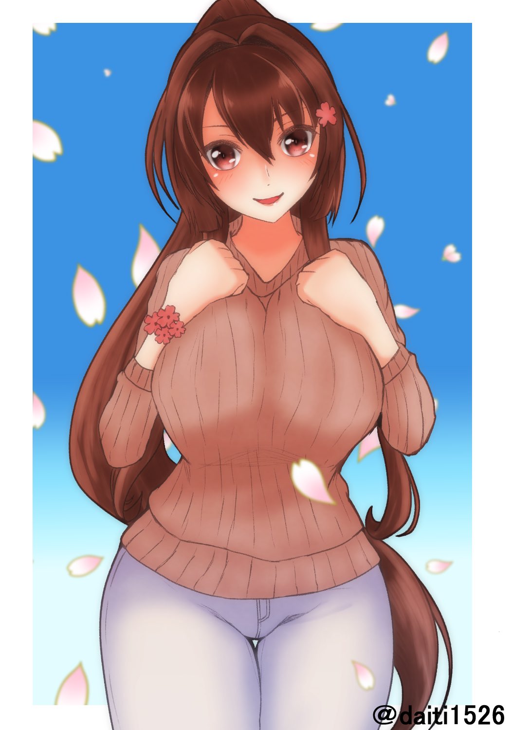 1girl blue_background border breasts brown_hair brown_sweater cherry_blossoms commentary_request cowboy_shot daichi_(daiti1318) flower gradient gradient_background hair_flower hair_ornament highres kantai_collection large_breasts long_hair looking_at_viewer official_alternate_costume panties petals ponytail ribbed_sweater smile solo standing sweater thigh_gap twitter_username underwear white_border white_panties yamato_(kancolle)