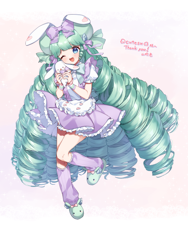 1girl ;d animal_ears apron bangs blue_eyes bow bun_cover commission double_bun drill_hair eyebrows_visible_through_hair frilled_apron frills full_body green_bow green_footwear green_hair hair_bow heart holding holding_stuffed_toy kneehighs long_hair loose_socks miruku_(cutesuu) one_eye_closed open_mouth original pleated_skirt puffy_short_sleeves puffy_sleeves purple_bow purple_legwear purple_skirt rabbit_ears shirt short_sleeves skeb_commission skirt slippers smile solo standing standing_on_one_leg stuffed_animal stuffed_bunny stuffed_toy suspender_skirt suspenders very_long_hair waist_apron white_apron white_shirt yamabukiiro