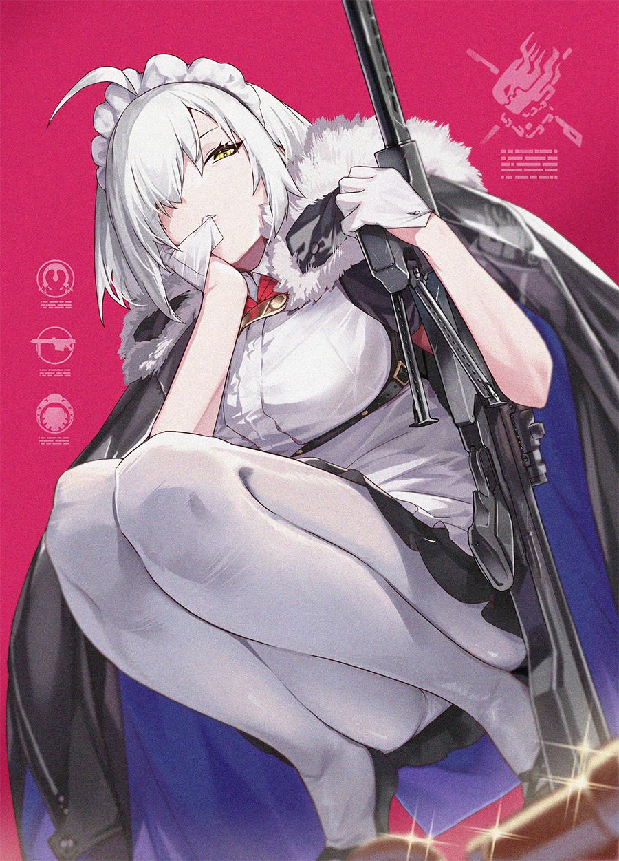 1girl ahoge alternate_costume apron bangs biting breasts cape commentary_request enmaided fate/grand_order fate_(series) film_grain fur_trim glove_biting gloves gun high_heels highres jeanne_d'arc_(alter)_(fate) jeanne_d'arc_(fate) jeanne_d'arc_(fate)_(all) large_breasts legs maid maid_apron maid_headdress ohland panties panties_under_pantyhose pantyhose rifle short_hair silver_hair sniper_rifle squatting underwear waist_apron weapon white_apron white_legwear white_panties yellow_eyes