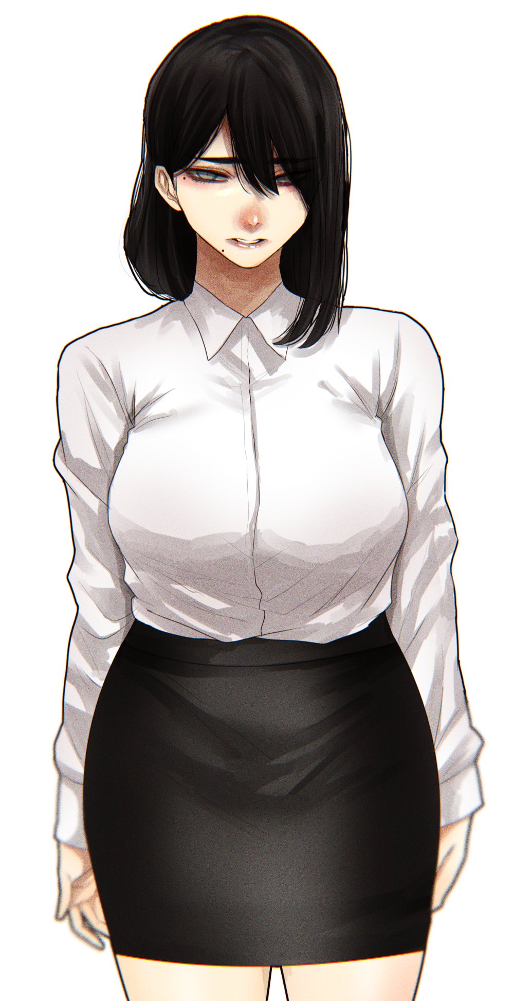 1girl black_hair black_skirt blurry breasts collared_shirt commentary cowboy_shot depth_of_field dress_shirt eyebrows_visible_through_hair eyes_visible_through_hair furrowed_brow hair_between_eyes highres hoshi_san_3 large_breasts lips long_sleeves looking_at_viewer medium_hair miniskirt mole mole_under_eye mole_under_mouth office_lady original pencil_skirt plump shirt shirt_tucked_in simple_background skirt solo white_background white_shirt wing_collar