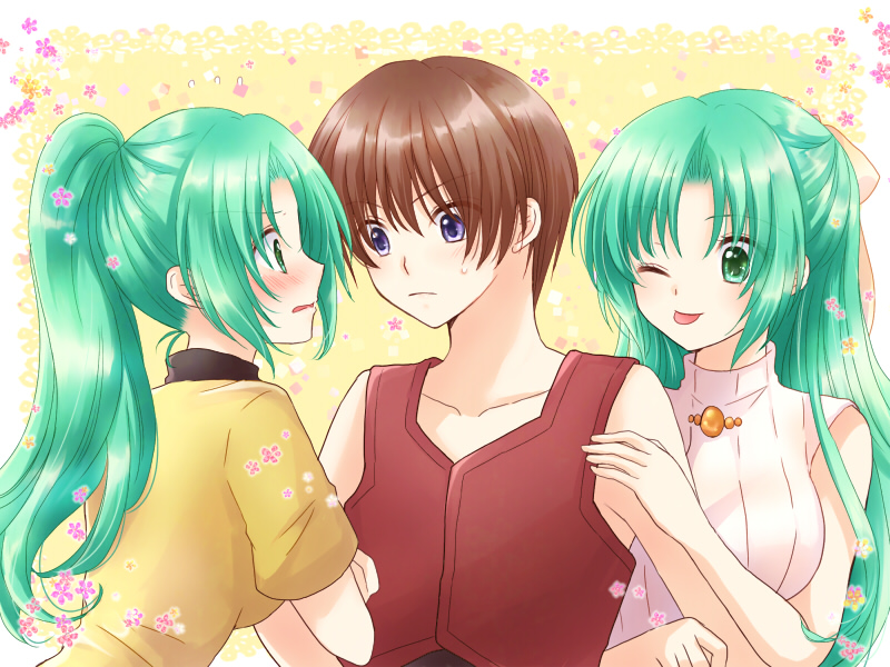 1boy 2girls ;q blush bow brown_hair collarbone green_eyes green_hair hair_bow high_ponytail higurashi_no_naku_koro_ni jacket long_hair maebara_keiichi maekawa_suu multiple_girls one_eye_closed open_mouth red_jacket shiny shiny_hair shirt short_hair short_sleeves sleeveless sleeveless_jacket sonozaki_mion sonozaki_shion sweater tongue tongue_out turtleneck turtleneck_sweater upper_body very_long_hair vest violet_eyes wavy_mouth white_sweater yellow_background yellow_bow yellow_shirt