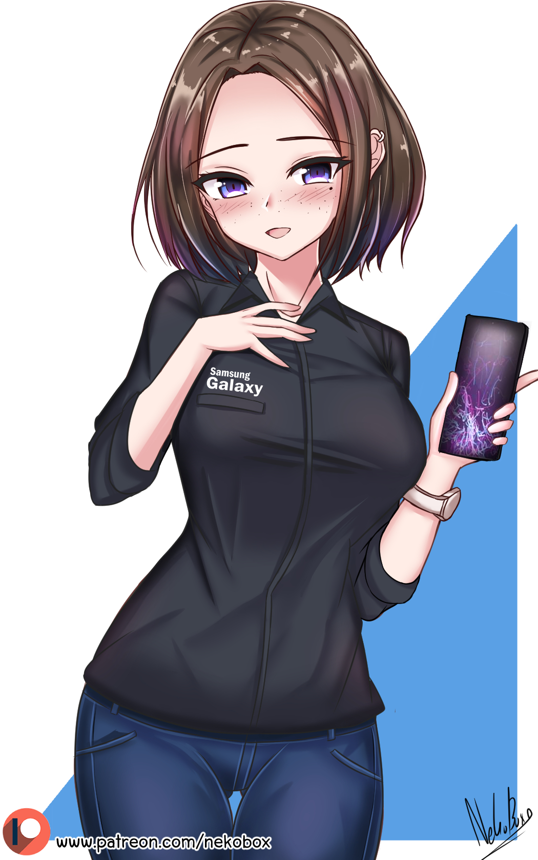 1girl black_shirt blue_eyes blue_pants blush breasts brown_hair cellphone ear_piercing highres holding holding_phone looking_at_viewer nekobox open_mouth pants phone piercing samsung samsung_sam shirt smartphone smile solo standing thigh_gap