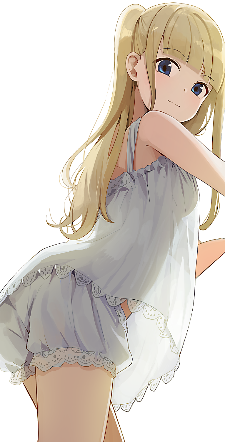 1girl babydoll bangs blonde_hair blue_eyes blunt_bangs breasts closed_mouth commentary cowboy_shot eyebrows_visible_through_hair from_side highres hiroki_(yyqw7151) light_smile long_hair looking_at_viewer original silhouette simple_background small_breasts solo two_side_up