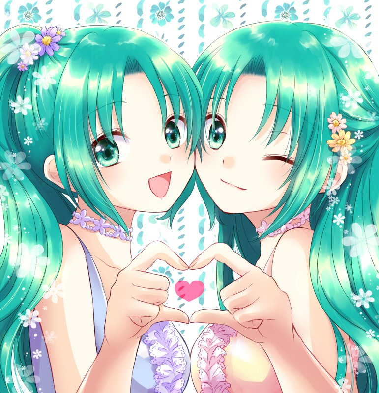 2girls :d ;) bangs collarbone eyebrows_visible_through_hair flower green_eyes green_hair hair_between_eyes hair_flower hair_ornament heart heart_hands heart_hands_duo higurashi_no_naku_koro_ni long_hair looking_at_viewer maekawa_suu multiple_girls one_eye_closed open_mouth ponytail purple_flower shiny shiny_hair siblings sisters sleeveless smile sonozaki_mion sonozaki_shion twins white_flower yellow_flower