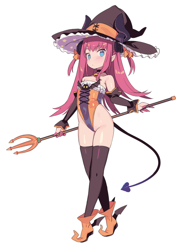 1girl bare_shoulders bell black_choker black_legwear blade_(galaxist) blue_eyes blush brown_headwear choker closed_mouth demon_tail elizabeth_bathory_(fate) elizabeth_bathory_(fate)_(all) fate/grand_order fate_(series) flat_chest full_body hat highleg highleg_leotard holding horn_ornament horns horns_through_headwear jingle_bell leotard long_hair looking_at_viewer neck_bell pink_hair pointy_ears pointy_footwear simple_background skindentation solo standing strapless strapless_leotard tail thigh-highs two_side_up white_background witch_hat