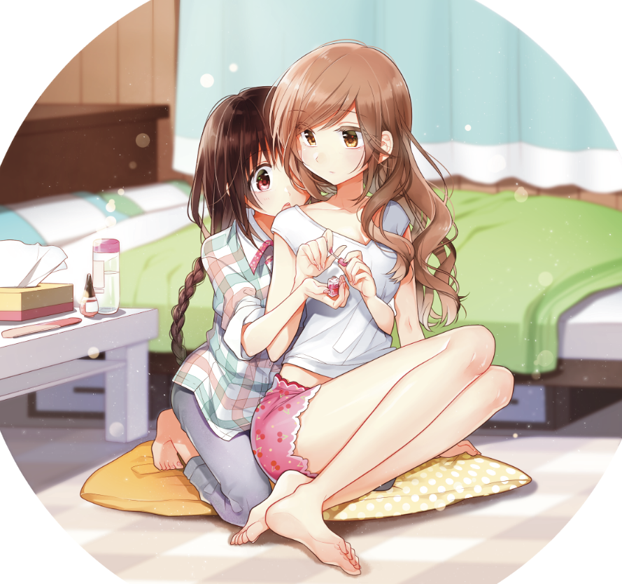 2girls arms_around_waist bangs bare_legs bed bedroom blanket blue_pants bottle braid brown_hair collared_shirt couple curtains expressionless eyebrows_visible_through_hair eyes_visible_through_hair feet full_body futaribeya hair_between_eyes kawawa_sakurako light_brown_hair long_sleeves midriff midriff_peek multiple_girls nail_file nail_polish open_mouth painting_nails pants pink_shorts plaid plaid_shirt polka_dot polka_dot_pillow red_eyes seiza shirt short_shorts short_sleeves shorts sidelocks sitting sitting_on_lap sitting_on_person sitting_on_pillow sleeves_rolled_up sparkle swept_bangs table tissue_box twin_braids v-neck water_bottle wavy_hair white_shirt yamabuki_kasumi yellow_eyes yukiko_(tesseract) yuri