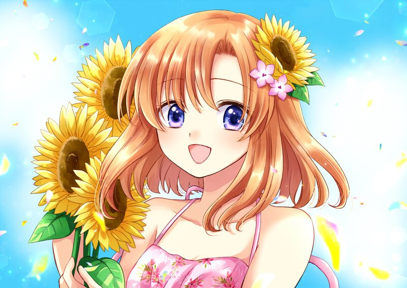 1girl :d bangs blue_eyes brown_hair collarbone day eyebrows_visible_through_hair flower hair_between_eyes higurashi_no_naku_koro_ni holding holding_flower long_hair maekawa_suu open_mouth outdoors pink_shirt ryuuguu_rena shiny shiny_hair shirt sleeveless sleeveless_shirt smile solo sunflower upper_body yellow_flower