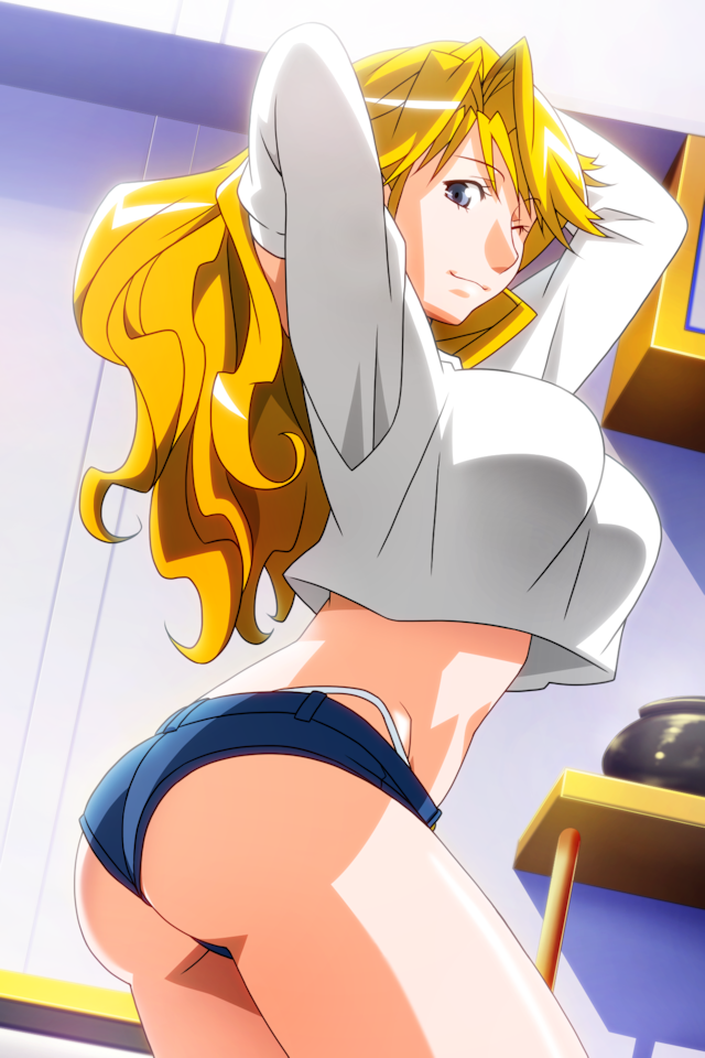 1girl arms_up ass bangs blonde_hair blue_eyes christine_garland cowboy_shot crop_top indoors long_hair long_sleeves mature_female micro_shorts non-web_source official_art one_eye_closed photoshop_(medium) shorts smile solo super_real_mahjong tanaka_ryou twisted_torso