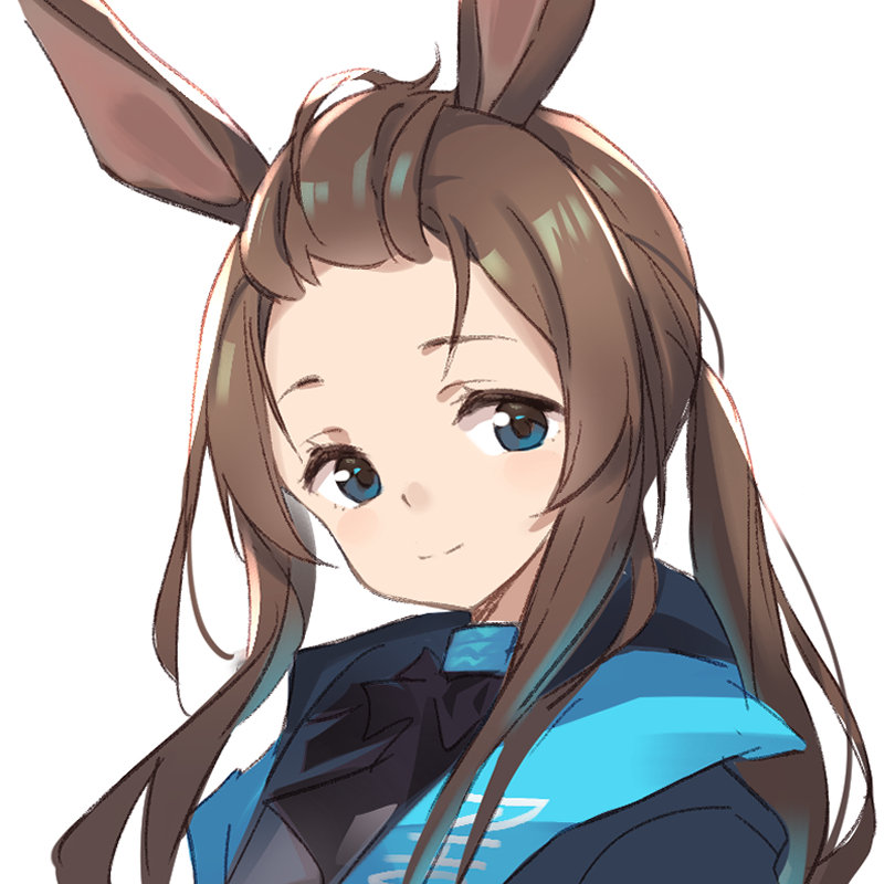 amiya_(arknights) animal_ears arknights blue_eyes forehead long_hair rabbit_ears renren_(ah_renren) rhodes_island_logo smile tagme