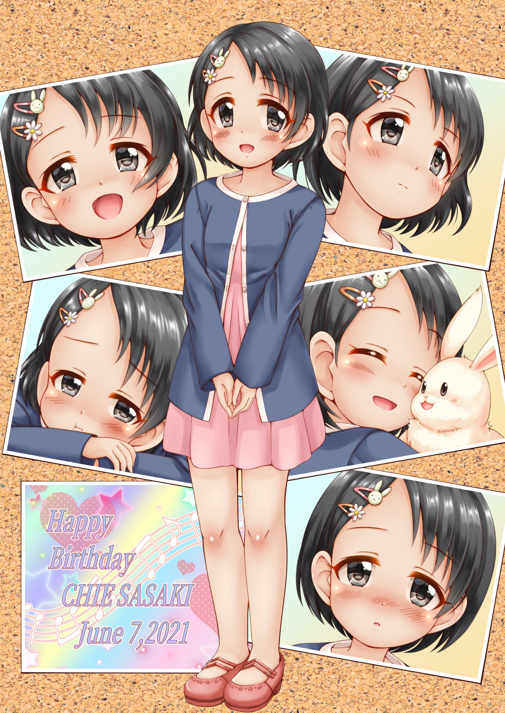1girl :d :t ^_^ animal bangs black_hair blue_jacket blush bunny_hair_ornament character_name closed_eyes closed_mouth commentary_request dated dress eyebrows_visible_through_hair flower grey_eyes hair_flower hair_ornament hairclip happy_birthday highres idolmaster idolmaster_cinderella_girls jacket multiple_views nose_blush open_mouth parted_lips photo_(object) pink_dress pleated_dress pout rabbit regular_mow sasaki_chie smile white_flower