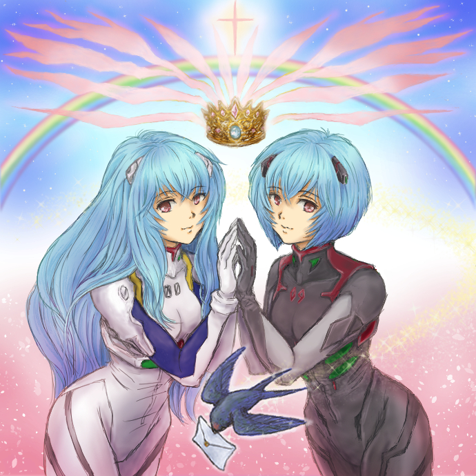 2girls ayanami_rei bangs bird black_bodysuit blue_hair blue_sky bodysuit breasts clone crown evangelion:_3.0+1.0_thrice_upon_a_time hair_ornament hairclip hand_up long_hair looking_at_viewer multiple_girls neon_genesis_evangelion plugsuit rainbow rebuild_of_evangelion red_eyes short_hair sky smile standing white_background wings