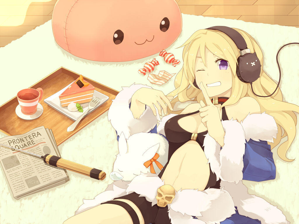 1girl :3 bangs black_shirt black_shorts blonde_hair blue_cape blue_sleeves blush breasts cake cake_slice candy cape character_pillow choker commentary_request cowboy_shot cup detached_sleeves deviruchi endo_mame food fork fur-trimmed_cape fur-trimmed_sleeves fur_trim grin hair_between_eyes headphones ice_pick long_hair looking_at_viewer lunatic_(ragnarok_online) lying medium_breasts navel newspaper nose_bubble on_back one_eye_closed plate poring rabbit ragnarok_online revealing_clothes shirt short_shorts shorts skull smile stalker_(ragnarok_online) tea teacup tray waist_cape wrapped_candy