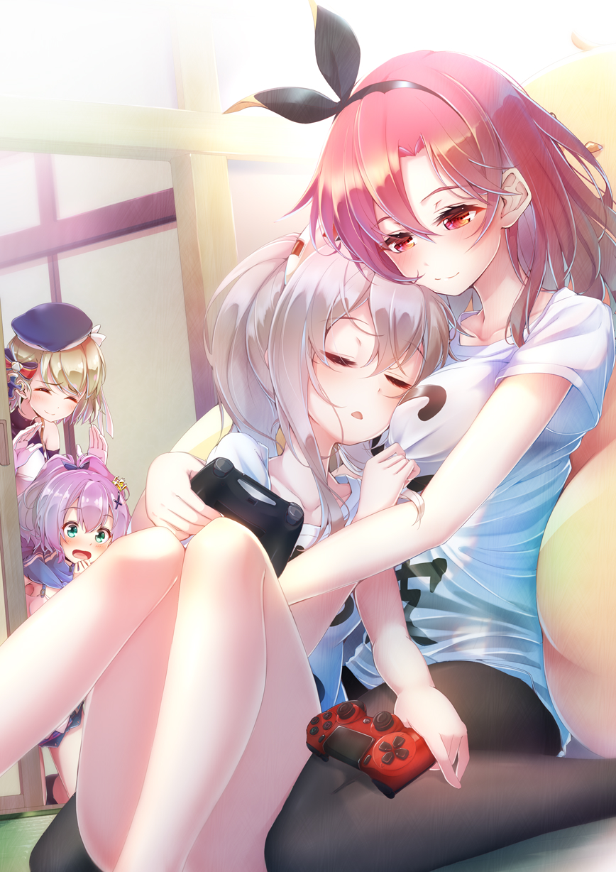 4girls arm_wrap ayanami_(azur_lane) azur_lane black_legwear black_prince_(azur_lane) black_ribbon blonde_hair blue_headwear bow breasts casual closed_eyes commentary_request controller dualshock game_controller gamepad green_eyes hair_between_eyes hair_bow hair_ornament hair_ribbon head_rest highres holding holding_controller imo_bouya indoors javelin_(azur_lane) knees_up large_breasts manjuu_(azur_lane) multiple_girls playstation_controller ponytail purple_hair red_eyes redhead ribbon shirt silver_hair sitting smile t-shirt thighs wariza white_shirt x_hair_ornament z23_(azur_lane)