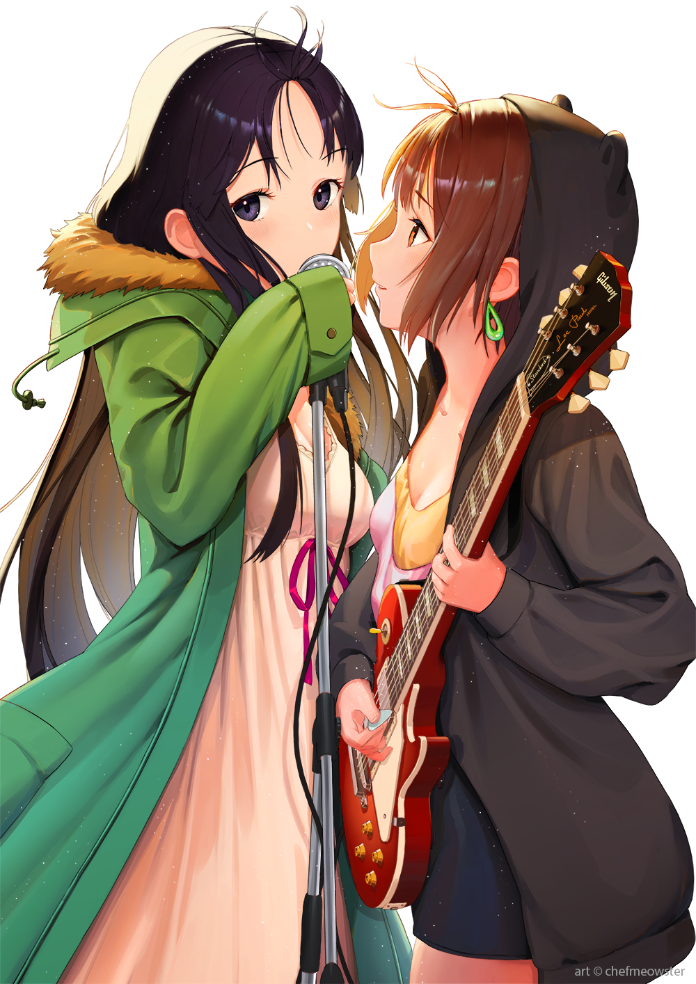 2girls akiyama_mio artist_name bangs black_eyes black_hair black_hoodie blue_shorts blush breasts brown_eyes brown_hair commentary cowboy_shot dress earrings electric_guitar english_commentary eyebrows_visible_through_hair facing_viewer from_side fur-trimmed_jacket fur_trim guitar highres hirasawa_yui hood hooded_jacket hoodie instrument jacket jewelry k-on! light_particles long_hair long_sleeves looking_at_another looking_at_viewer looking_to_the_side meowster microphone microphone_stand multiple_girls parted_bangs parted_lips pink_dress red_ribbon ribbon shiny shiny_hair short_hair shorts simple_background sleeves_past_wrists standing white_background