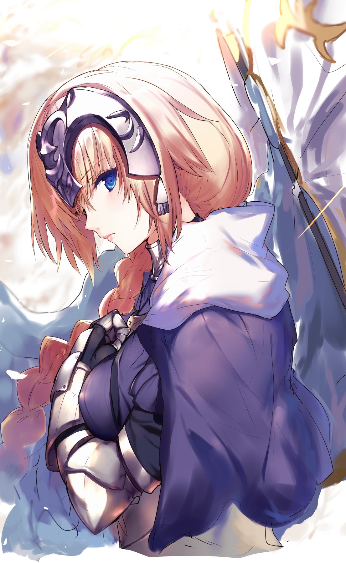 1girl abusoru armor armored_dress bangs blonde_hair blue_eyes braid braided_ponytail breasts cloak fate/apocrypha fate/grand_order fate_(series) flag from_side headpiece highres jeanne_d'arc_(fate) jeanne_d'arc_(fate)_(all) light long_hair looking_at_viewer solo upper_body