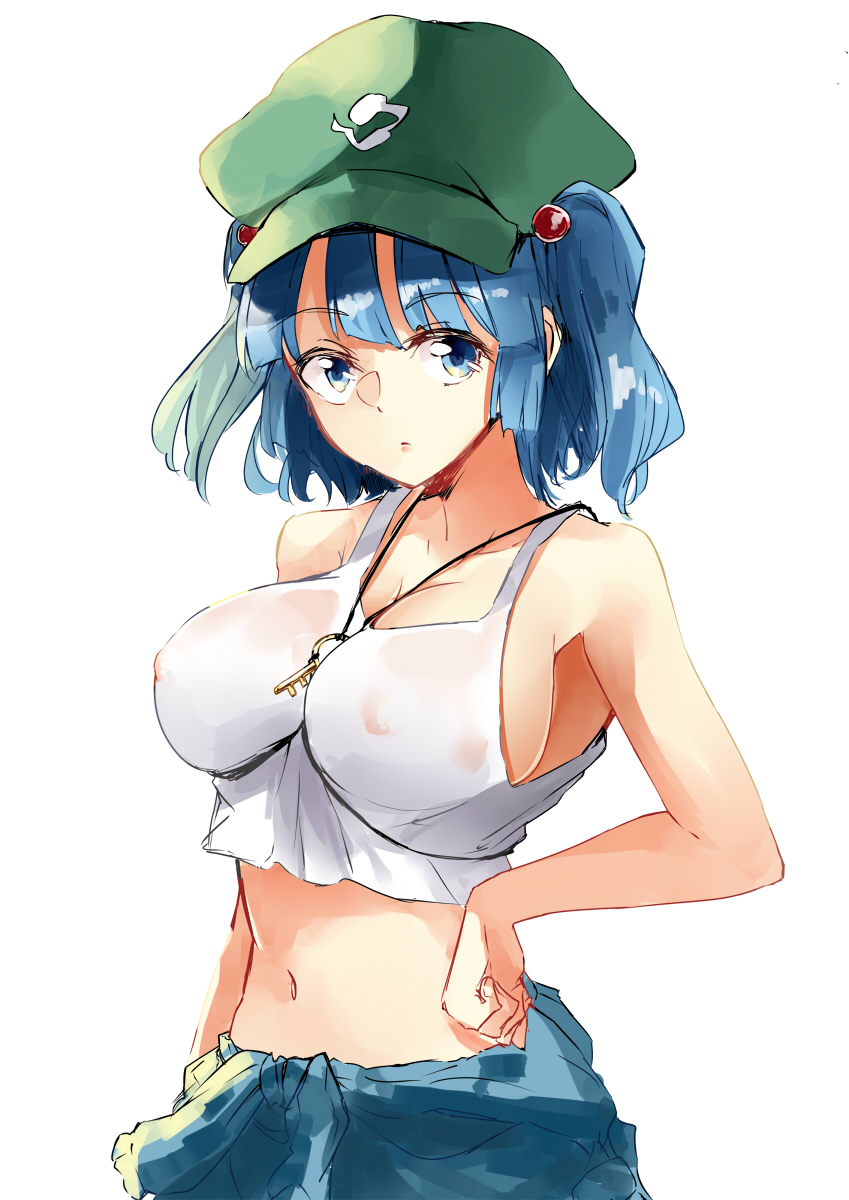 1girl bangs blue_eyes blue_hair deetamu flat_cap green_headwear hat highres kawashiro_nitori key medium_hair see-through shirt short_twintails sidelocks solo touhou twintails two_side_up