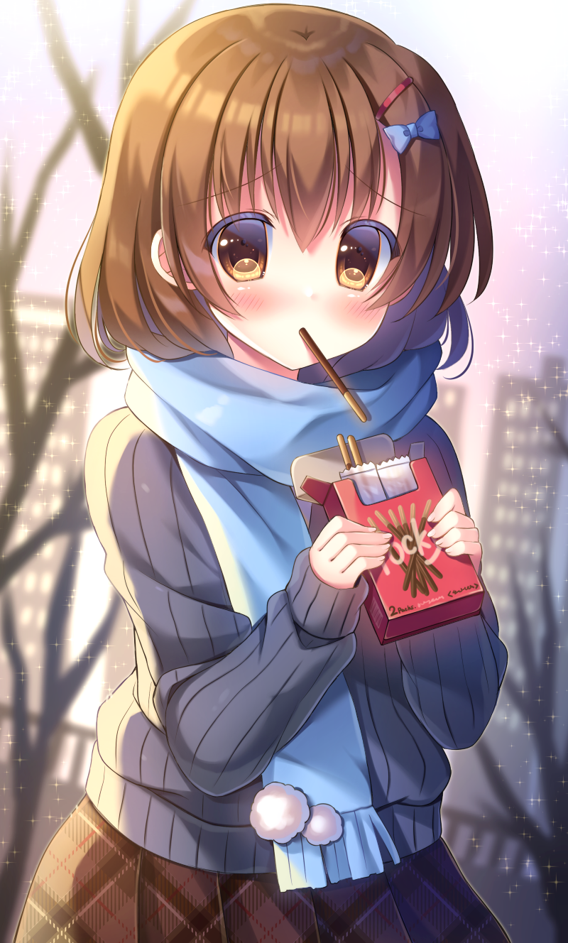 1girl bangs blue_bow blue_scarf blue_sweater blurry blurry_background blush bow brown_eyes brown_hair brown_skirt commentary_request day depth_of_field eyebrows_visible_through_hair food food_in_mouth fringe_trim hair_between_eyes hair_bow hair_ornament hairclip highres holding kouta. looking_at_viewer mouth_hold original outdoors plaid plaid_skirt pleated_skirt pocky pocky_day ribbed_sweater scarf skirt solo sparkle sweater