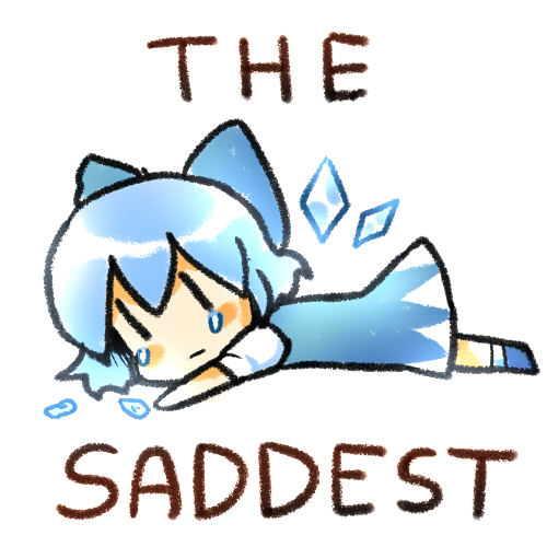 1girl :| artist_request bangs blue_bow blue_dress blue_footwear blue_hair blush_stickers bow chibi cirno closed_mouth dress english_text from_side full_body hair_between_eyes hair_bow looking_at_viewer looking_to_the_side lowres lying meme no_nose on_stomach outstretched_arm sad short_hair short_sleeves simple_background solo source_request tearing_up tears touhou white_background wings |_|