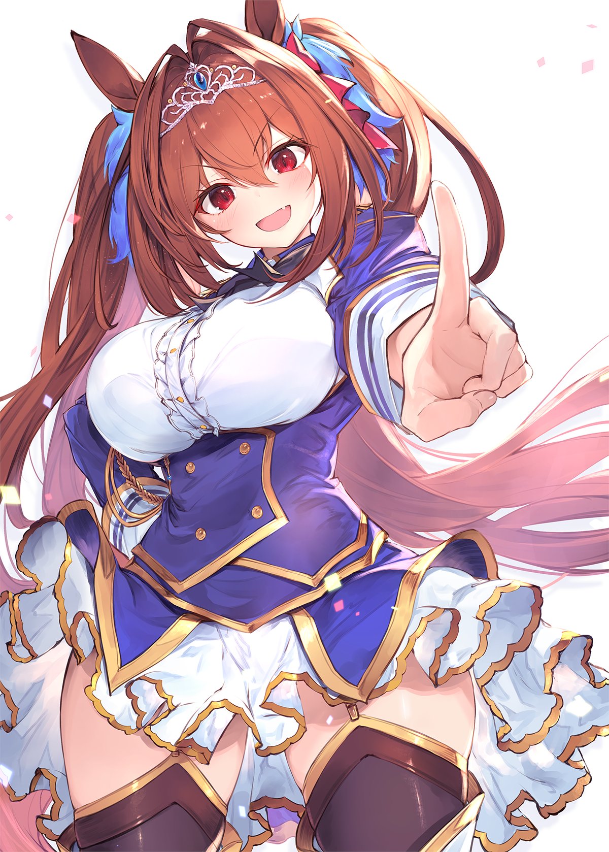 1girl animal_ears bangs blush breasts brown_hair center_frills daiwa_scarlet_(umamusume) epaulettes fal_maro fang frills hair_intakes highres horse_ears horse_girl large_breasts long_hair long_sleeves looking_at_viewer open_mouth red_eyes skin_fang smile solo thigh-highs tiara twintails umamusume underbust very_long_hair