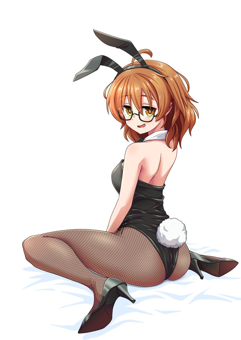 1girl animal_ears araki_hina black-framed_eyewear black_leotard black_neckwear brown_eyes brown_hair bunny_tail detached_collar fishnet_legwear fishnets from_behind full_body glasses hige_(com) idolmaster idolmaster_cinderella_girls leotard pantyhose playboy_bunny rabbit_ears short_hair simple_background solo strapless strapless_leotard tail white_background wrist_cuffs